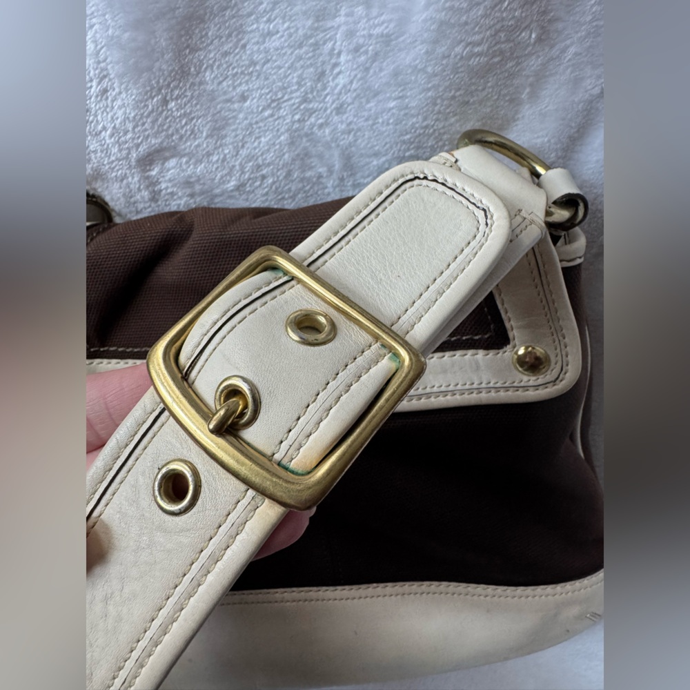 Coach Legacy Stripe Parchment/Brown Slim Flap Ali Turnlock Shoulder Bag $378 - Picture 11 of 16